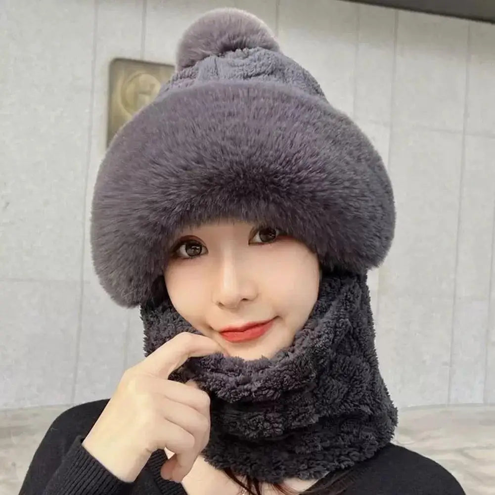 Women's Plush Hooded Winter Beanie | Windproof Fleece Hat Hooded Winter Beanie QXL