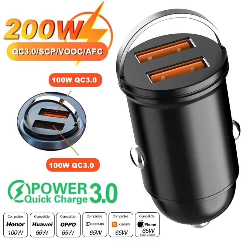 200W PD QC Mini Pull-Ring Car Charger | USB-C Fast Charging Car Phone Charger QXL 200W 2 USB