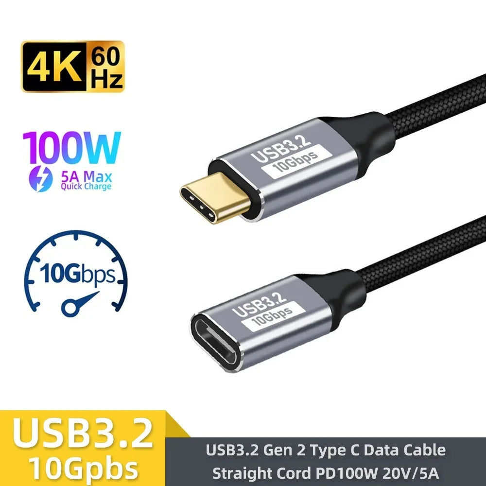 100W USB-C Extension Cable 5A Fast Charging 10Gbps 4K 60Hz USB-C Extension Cable QXL