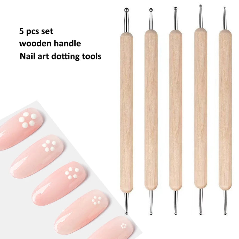 5-Pc Double-Headed Nail Art Dotting Pen Set | Wooden Handle Nail Art Dotting Tools QXL