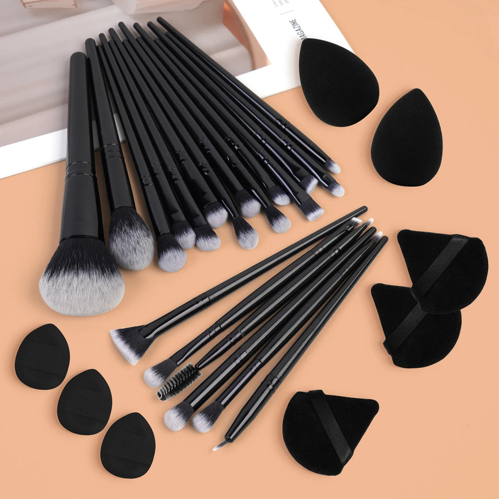 MAANGE 29-Pc Makeup Brush & Sponge Kit | Brushes + Puffs Makeup Brush Kit QXL Black