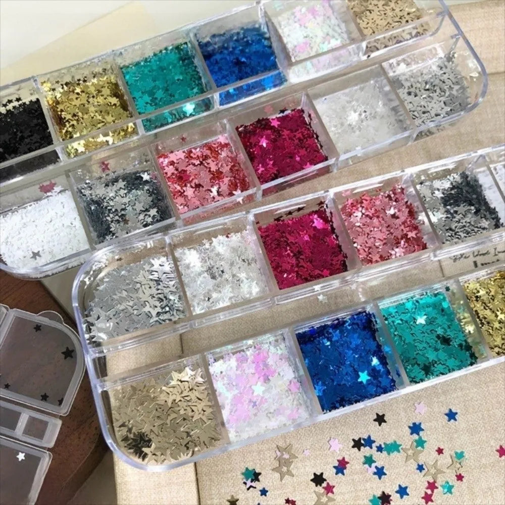 12-Grid Star Nail Art Charms | Sparkling Flakes DIY Decals Nail Art Charms QXL