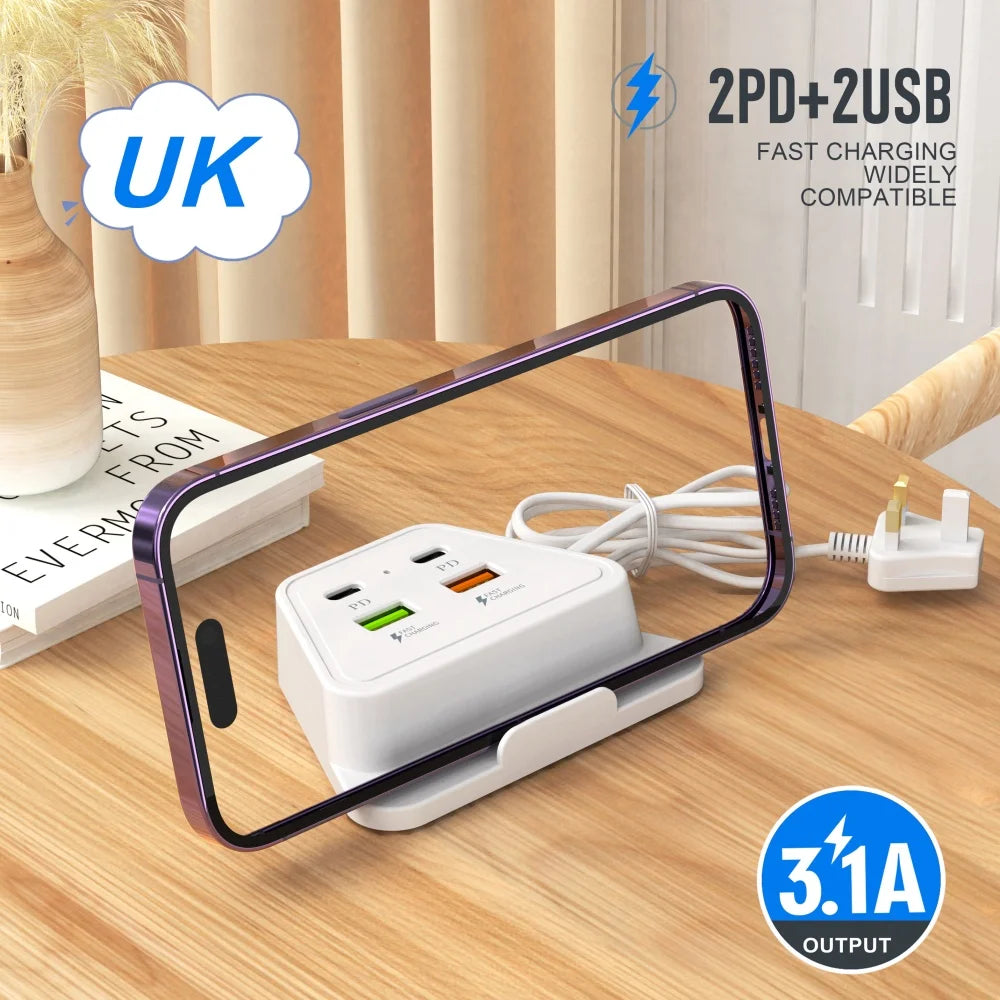 4-Port USB-C Fast Charger Power Strip with Phone Stand USB-C Charging Station QXL