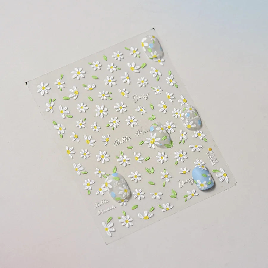 White Daisy 5D Embossed Nail Stickers | Spring Nail Art Decals Nail Art Stickers QXL