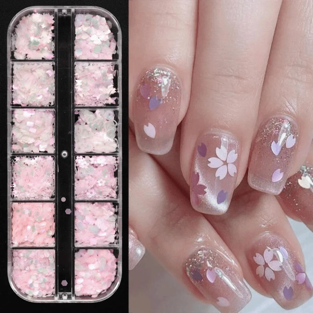 Pink Aurora Glitter Nail Sequins – Mixed Shapes Box Nail Art Sequins QXL