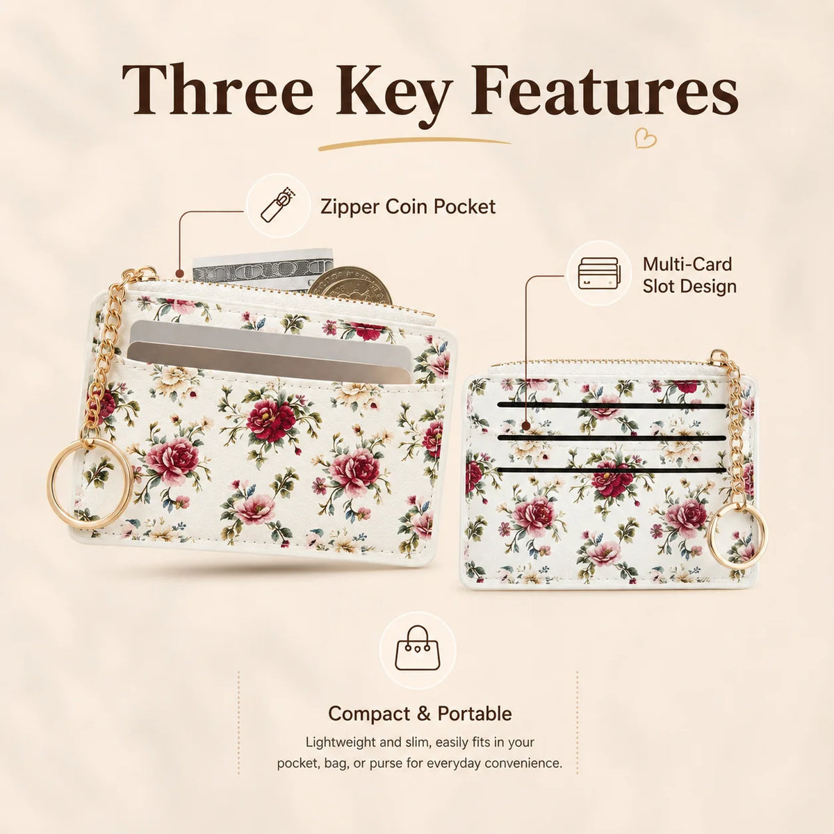 Floral Mini Card Holder Wallet | Coin Purse & Card Organizer Mini Card Wallet QXL