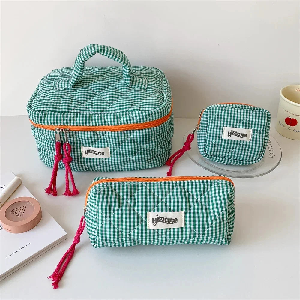 Plaid Makeup Bag Set | Large Capacity Travel Cosmetic Organizer Cosmetic Travel Bag QXL 3Pcs Green