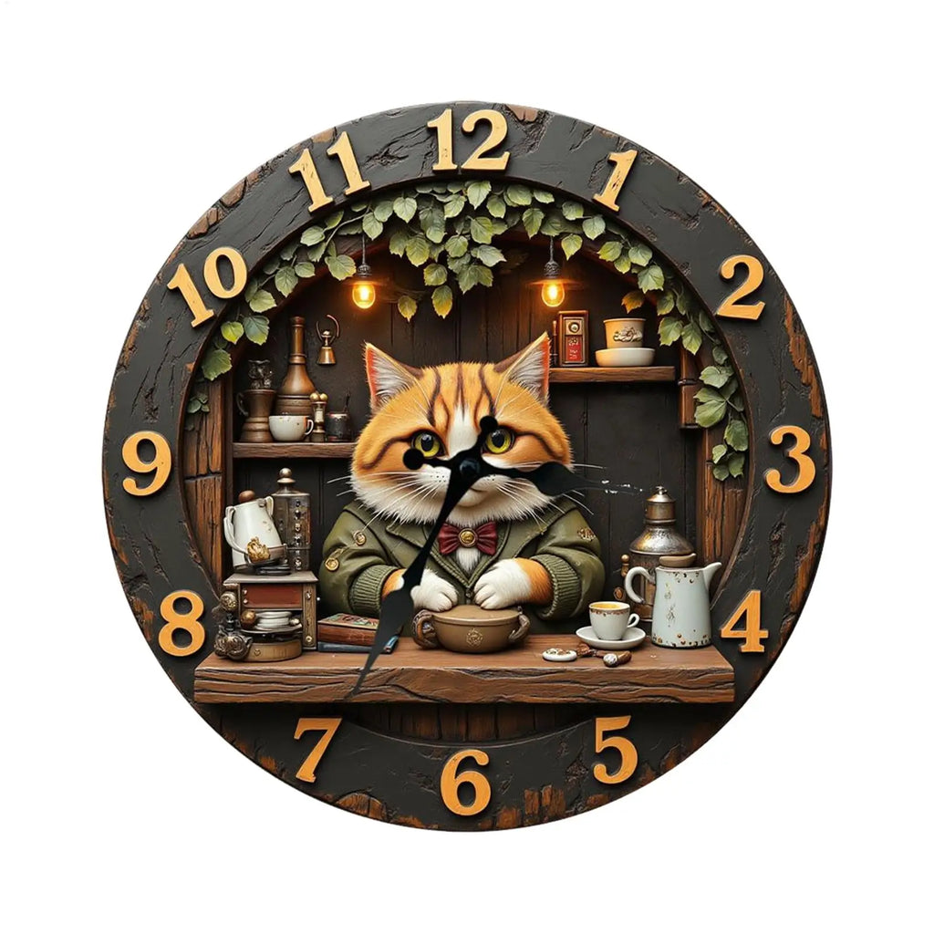 11.81" Cat Theme Wooden Wall Clock | Silent Sweep Movement Decorative Wall Clock QXL