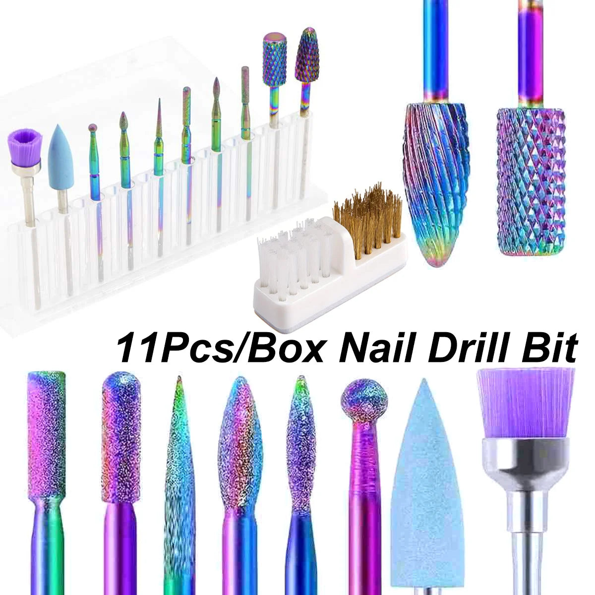 11-Pc Tungsten Carbide Nail Drill Bit Set 3/32 + Cleaning Brush Nail Drill Bit Set QXL 11pcs