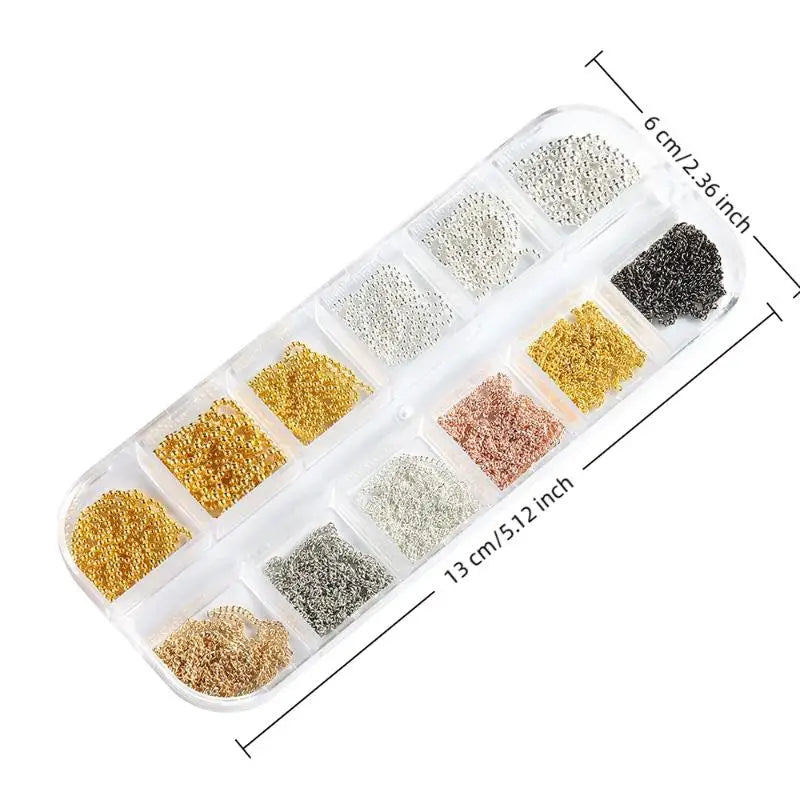 12-Grid Metal Nail Art Chains | Gold Silver Black Bead Set Nail Art Chains QXL