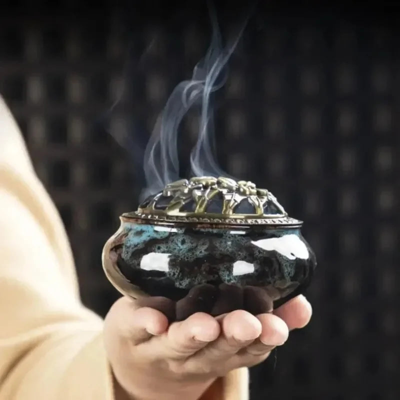 Ice Crack Ceramic Incense Burner with Hollow Lid | Cone & Stick Incense Burner QXL
