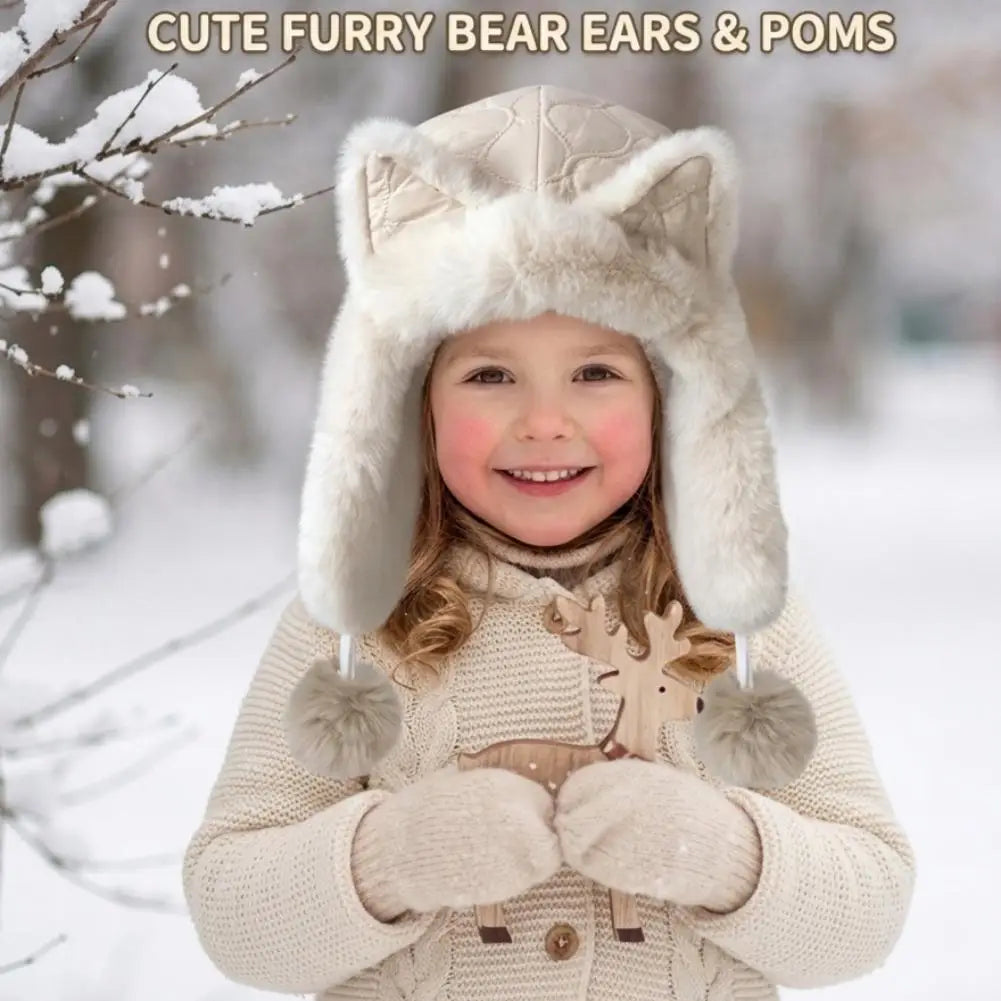 Women's Fleece Cat Ear Winter Hat with Earflaps & Pom-Poms Winter Earflap Hat QXL