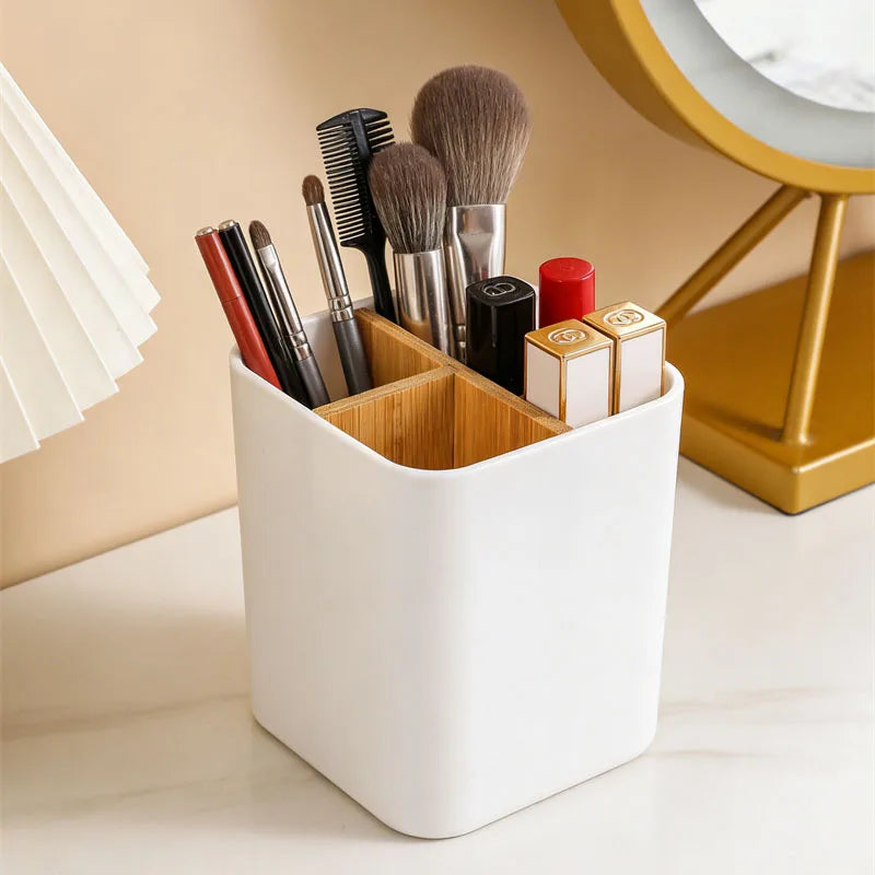 Makeup Brush Holder Organizer | 3-Slot Bamboo Divider Makeup Brush Organizer QXL