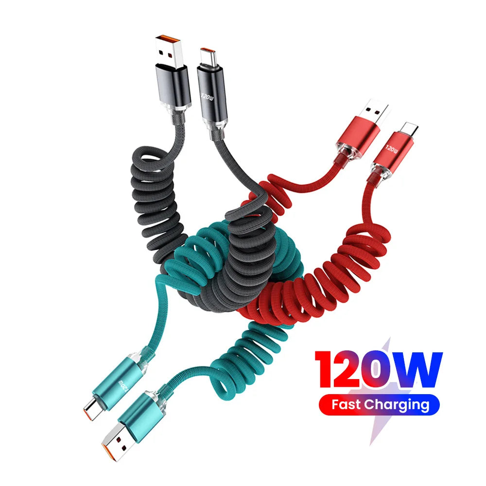 120W Retractable USB-C Spring Charging Cable | Fast Charge USB-C Charging Cable QXL