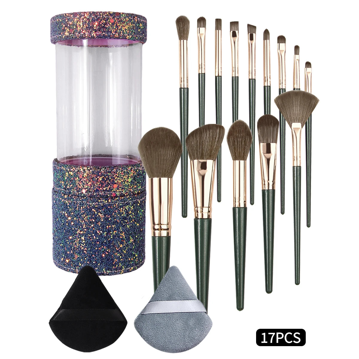 KOSSHOW 17-Pc Dark Green Makeup Brush Set & Glitter Case Makeup Brush Set QXL green