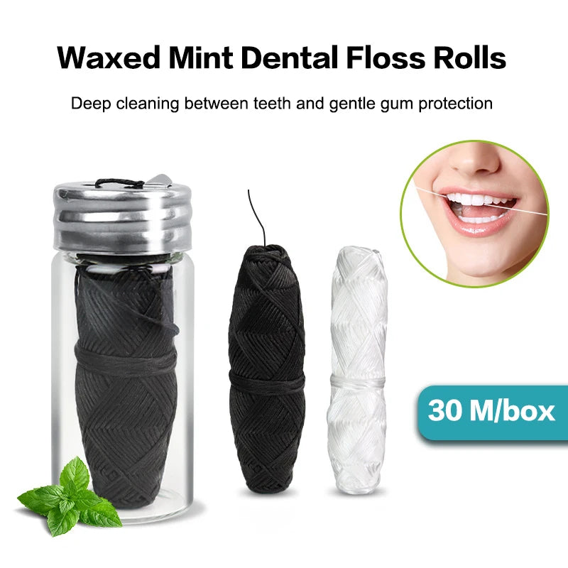 Bamboo Charcoal Dental Floss 30m | Refillable Glass Holder Biodegradable Dental Floss QXL