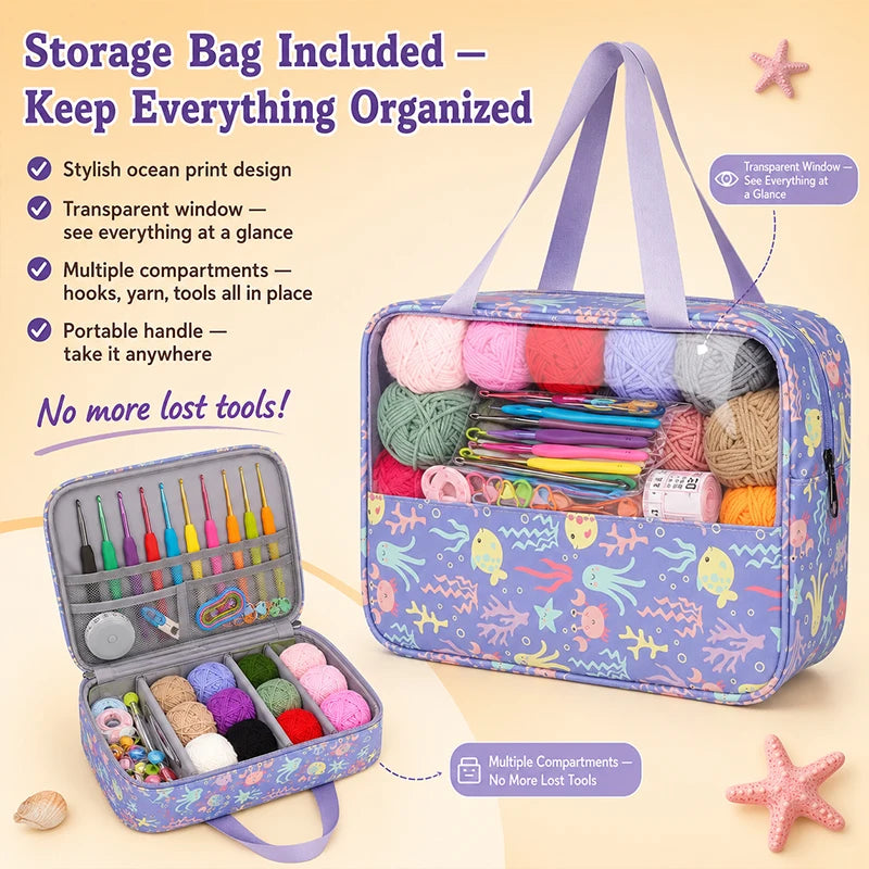 70-Piece Beginner Crochet Starter Kit – Hooks, Yarn & Bag Crochet Starter Kit QXL