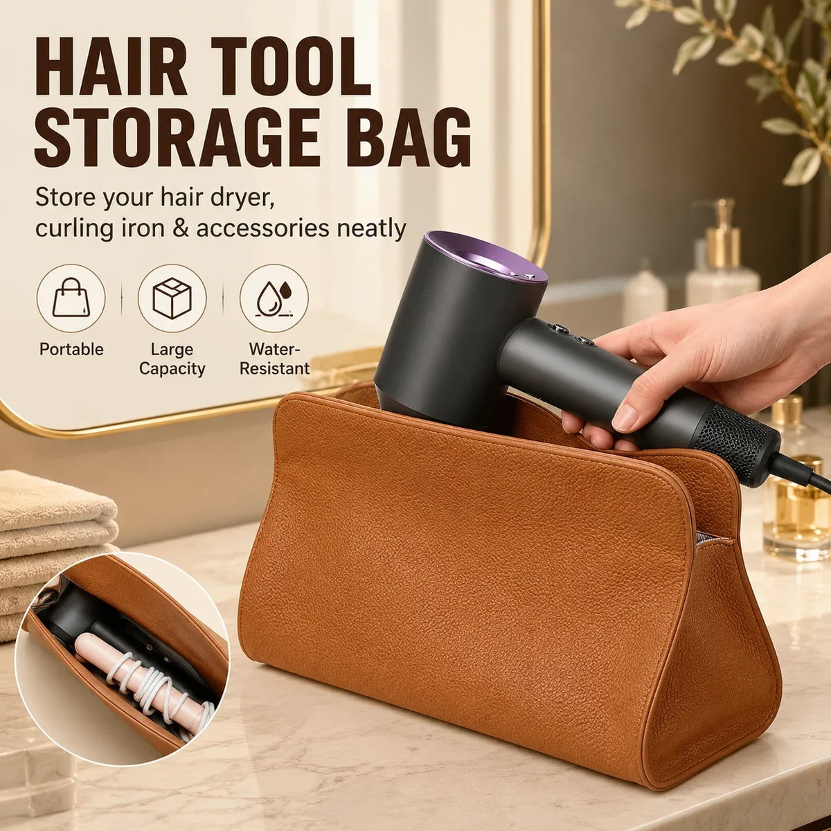 PU Leather Hair Dryer & Curling Iron Storage Bag Organizer Hair Tool Storage Bag QXL