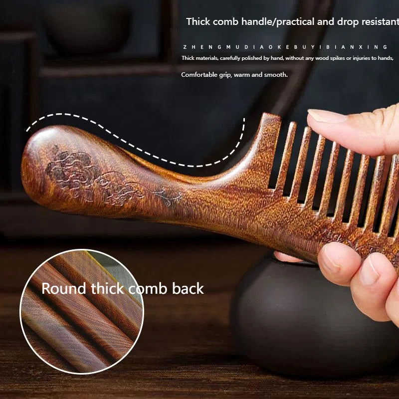 Golden Sandalwood Wide Tooth Comb | Scalp Massage & Detangle Wood Hair Comb QXL
