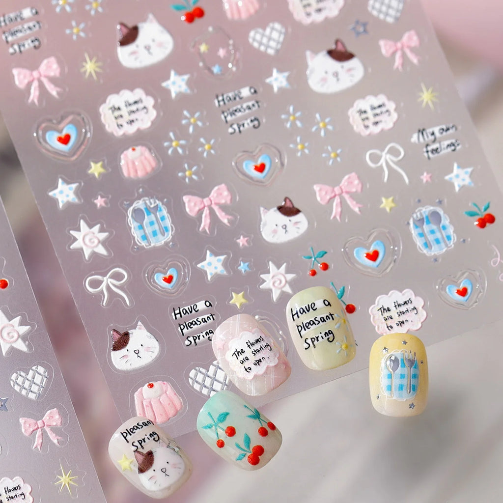 5D Kawaii Cat & Cherry Embossed Nail Stickers | Self-Adhesive Nail Art Stickers QXL