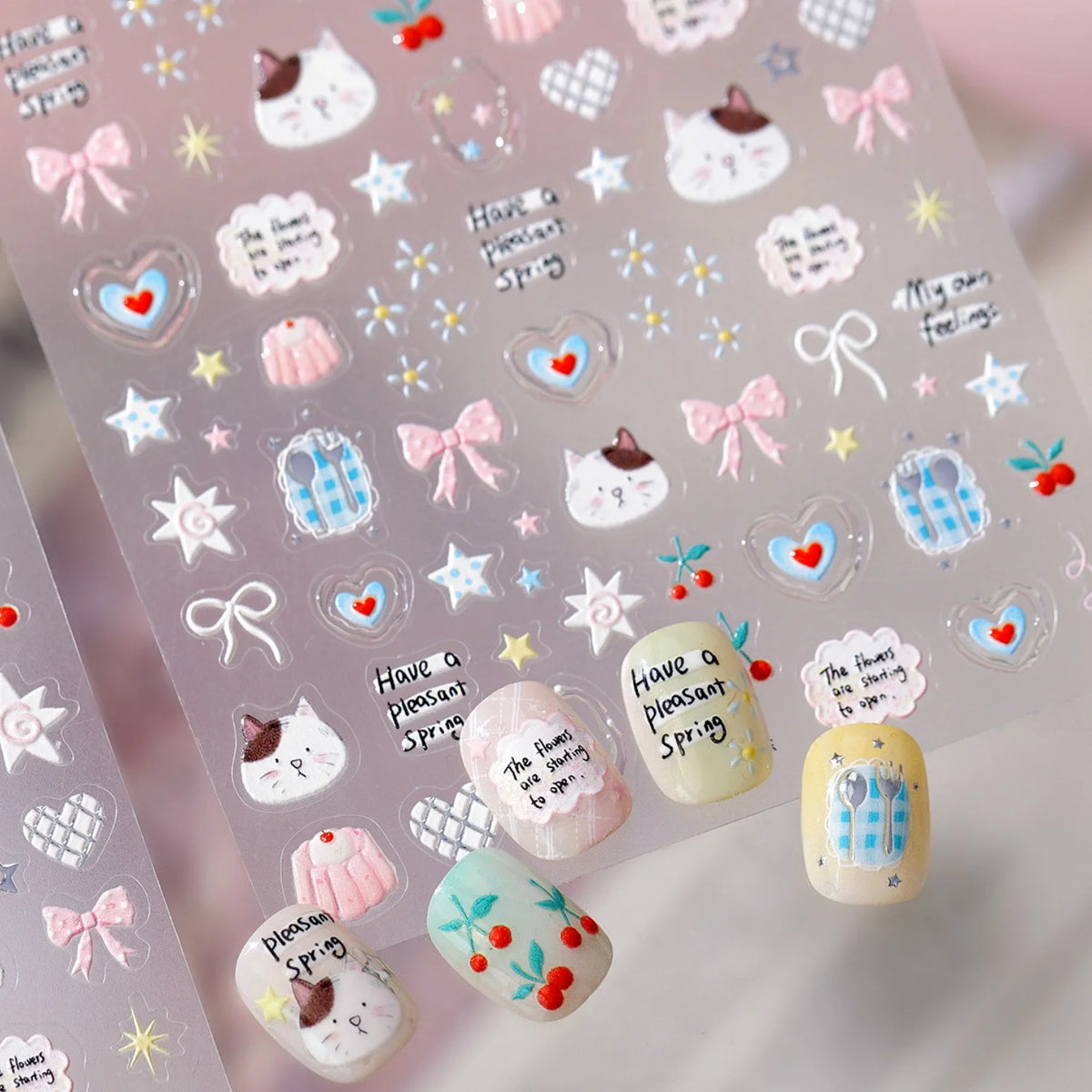 5D Kawaii Cat & Cherry Embossed Nail Stickers | Self-Adhesive Nail Art Stickers QXL