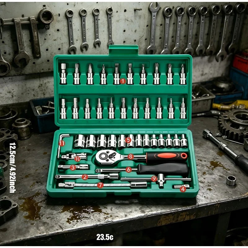 46-Piece Mechanic Tool Set | Sockets, Ratchet Wrench & Hex Bits Mechanic Tool Set QXL