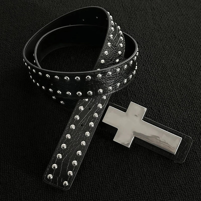 Gothic Punk Crackle Studded Cross Belt | Women's PU Wide Band Gothic Studded Belt QXL Default Title