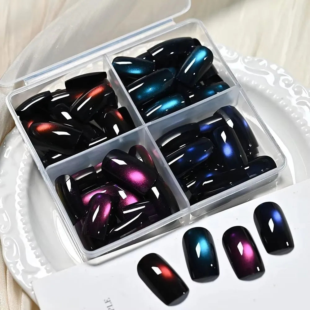 96-Pc Cat Eye Press On Nails | Short Square Glossy Glitter Press On Nails QXL