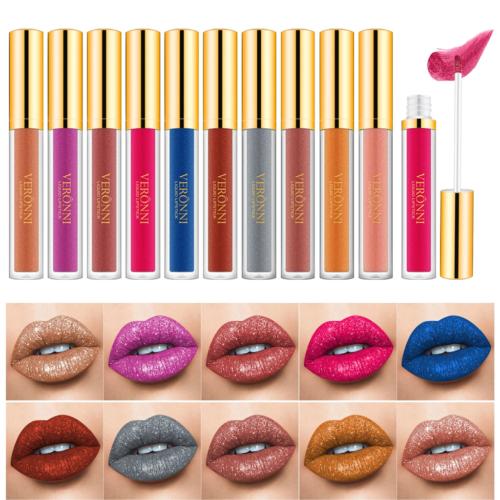 VERONNI Diamond Glitter Lip Gloss – 10 Shades | Shimmer Glitter Lip Gloss QXL