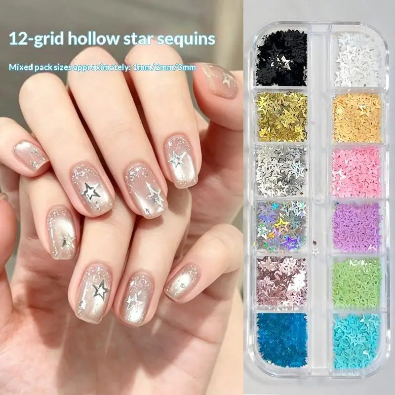 12-Grid Hollow Star Nail Glitter Sequins | DIY Nail Art Set Nail Art Sequins QXL