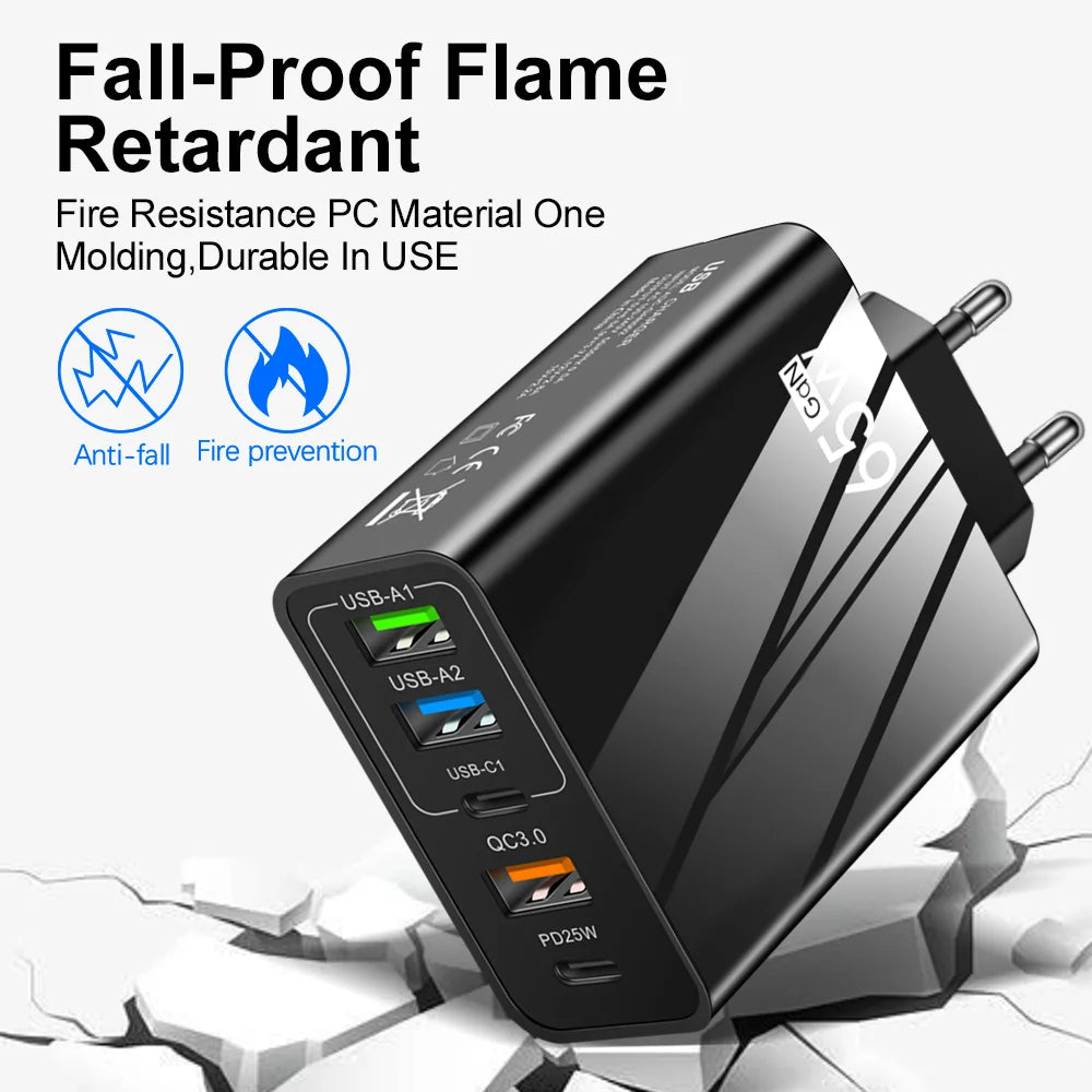 GaN 65W 5-Port USB Wall Charger | PD & QC 3.0 Fast Charge USB Wall Charger QXL