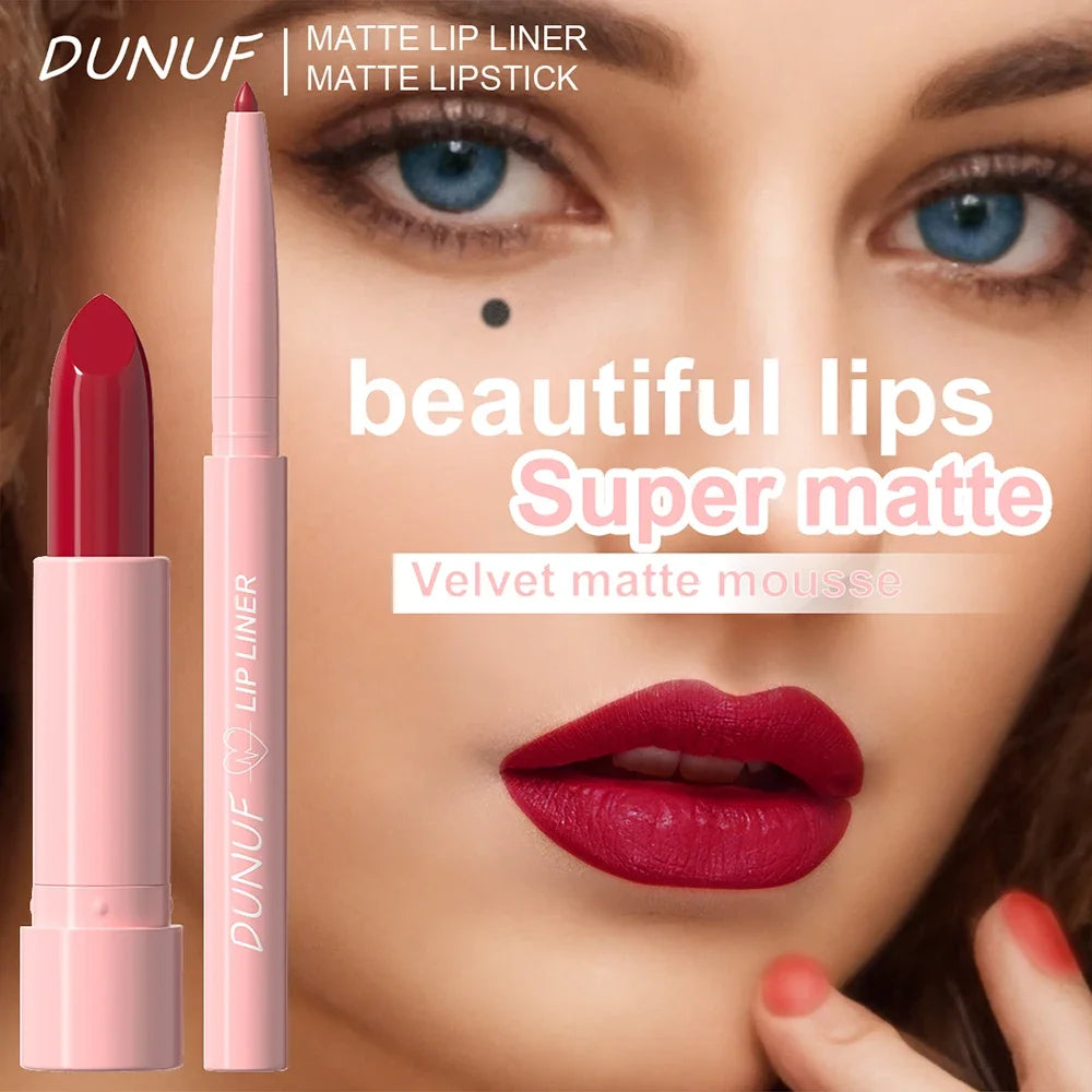 DUNUF Matte Lip Liner & Lipstick Set | 12 Colors Long-Lasting Lip Liner & Lipstick Set QXL