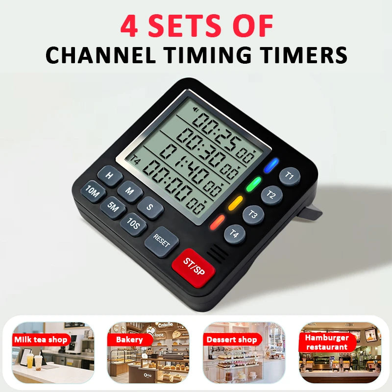 4-Channel Digital Kitchen Timer | Large LCD Count Up/Down Digital Kitchen Timer QXL