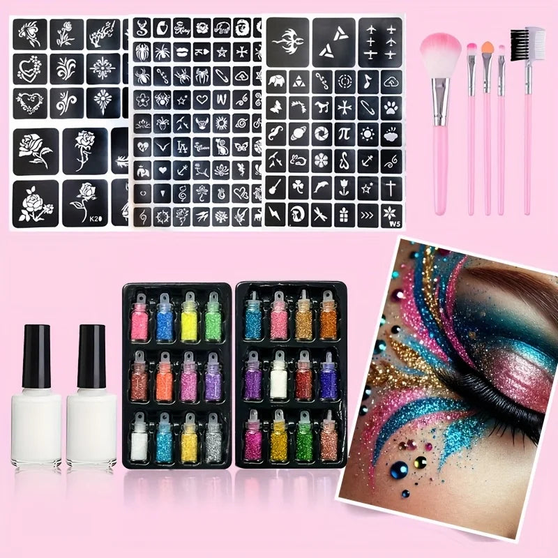24-Color Glitter Temporary Tattoo Kit | Glue, Templates & Brushes Glitter Tattoo Kit QXL