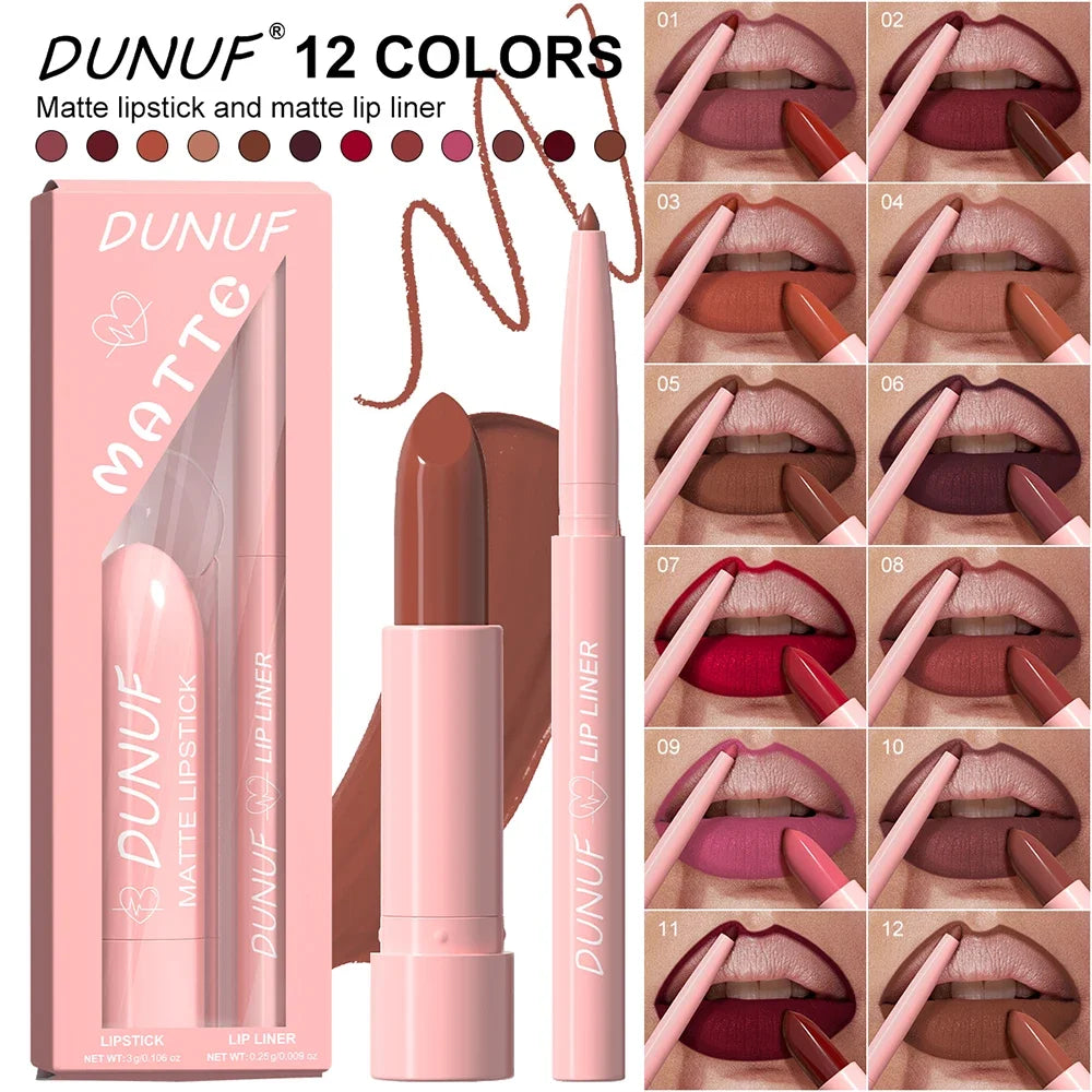 DUNUF Matte Lip Liner & Lipstick Set | 12 Colors Long-Lasting Lip Liner & Lipstick Set QXL