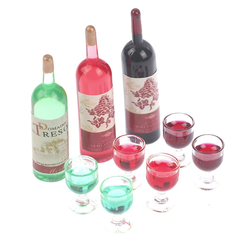 3-Pc 1/12 Dollhouse Miniature Wine Bottle & Glass Set Dollhouse Miniature Set QXL