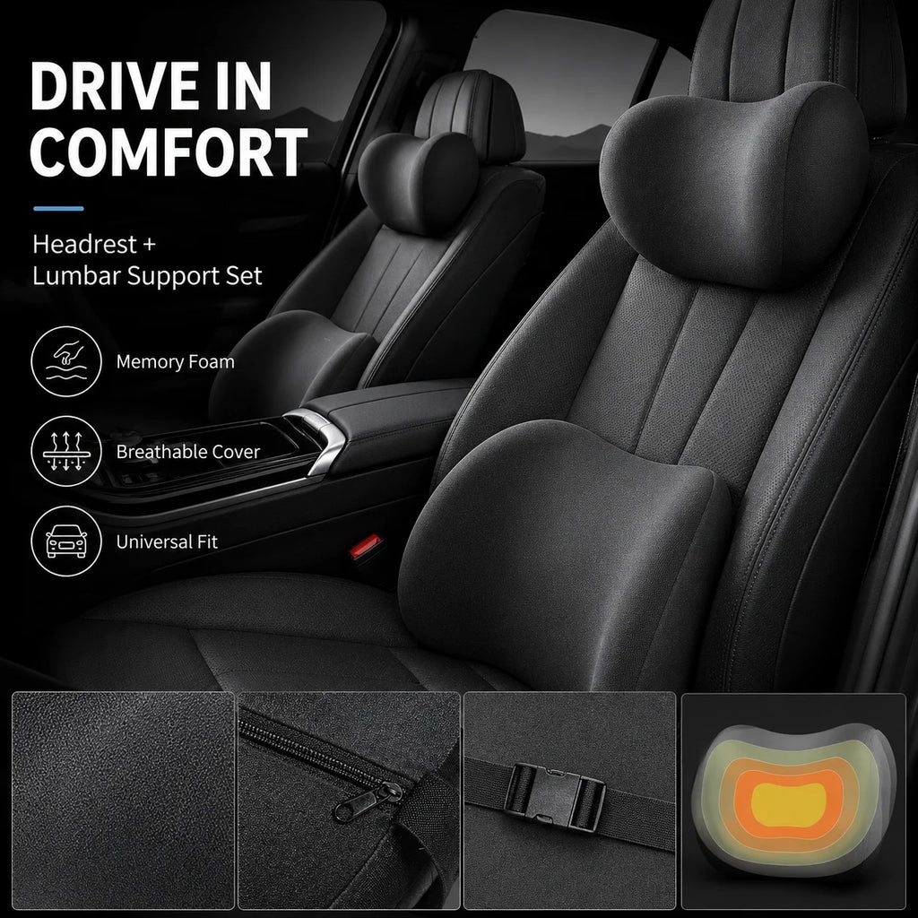 Memory Foam Car Headrest & Lumbar Support Cushion Set Car Seat Cushion Set QXL