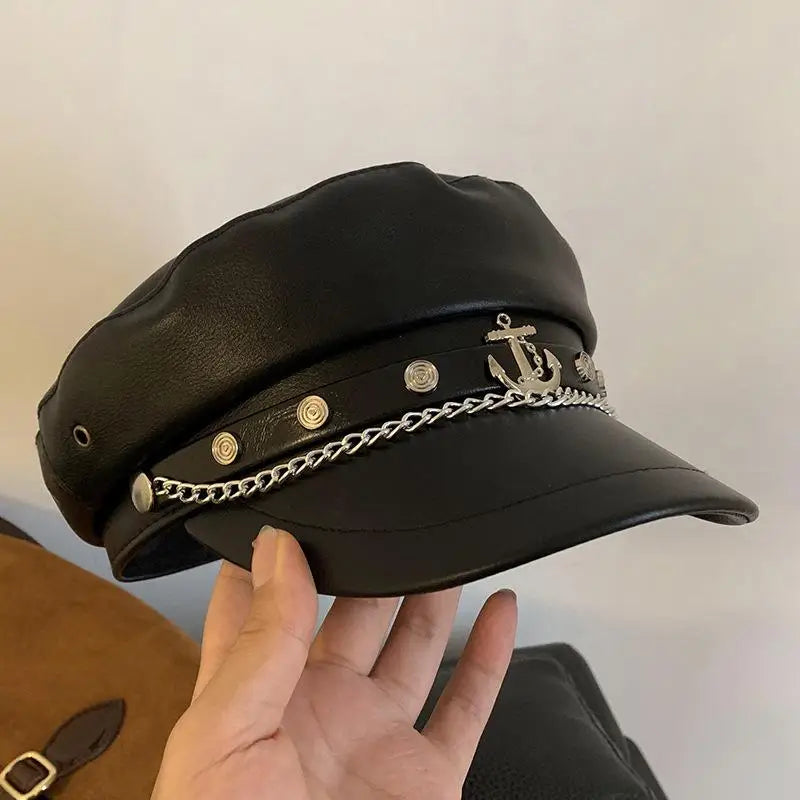 Vintage Rivet Leather Beret | Y2K Gothic Lolita Newsboy Cap Faux Leather Beret QXL A2