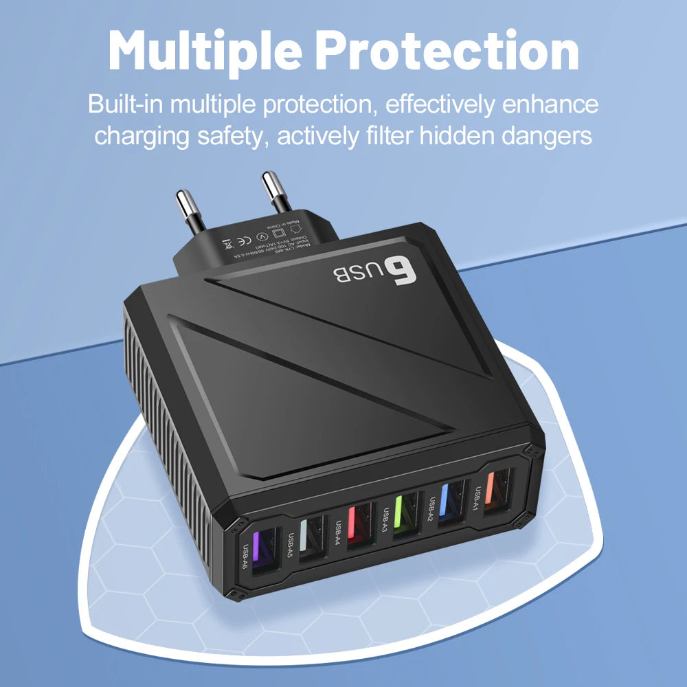 6-Port USB Wall Charger QC3.0 Fast Charging | Multi Plug USB Wall Charger QXL
