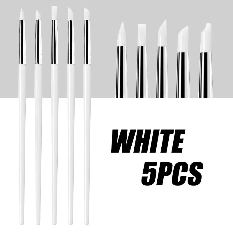 5-Pc Silicone Nail Art Brush Set | UV Gel & 3D Dotting Pens Nail Art Brush Set QXL white