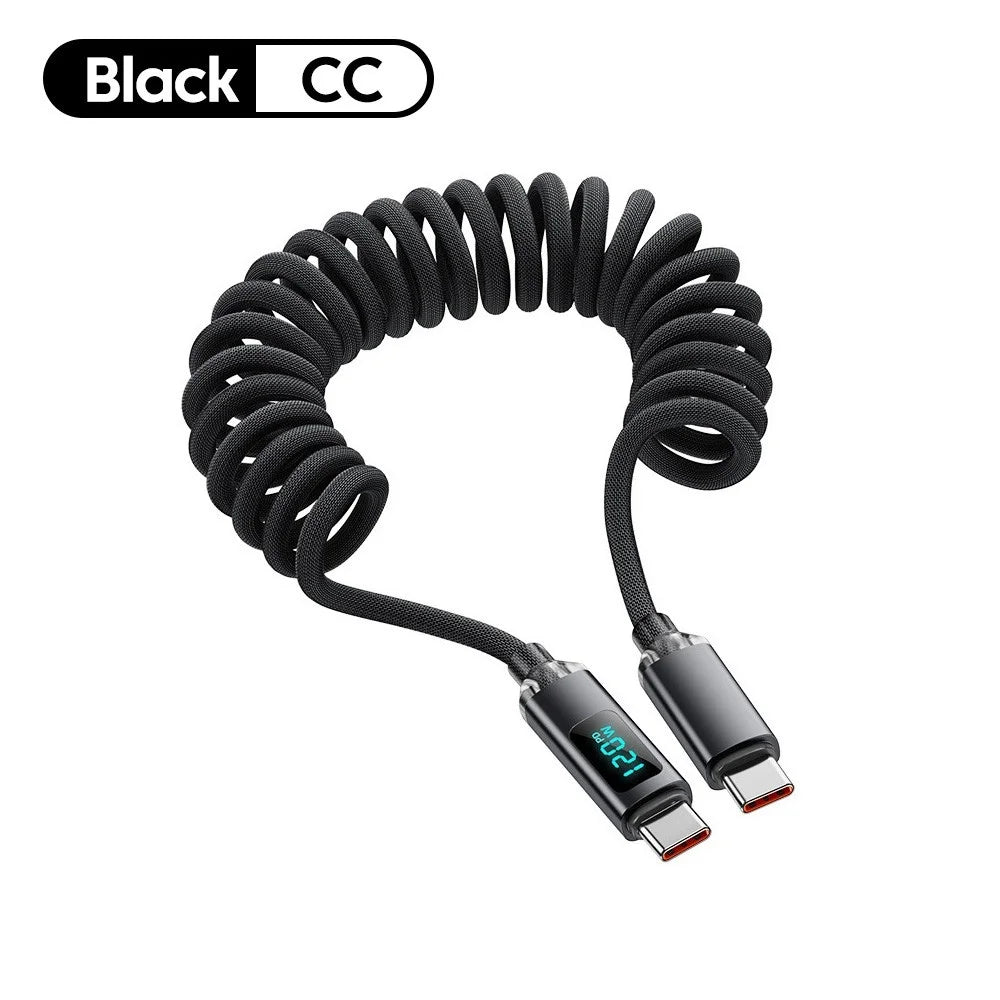 120W Retractable USB-C Fast Charge Spring Car Charger Cable USB-C Charger Cable QXL Black C to C 2m