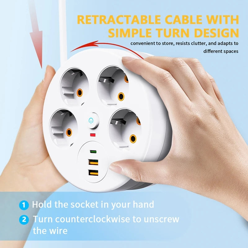 EU Power Strip 4 Outlets USB USB-C | 2.8m Retractable Cable EU Power Strip QXL