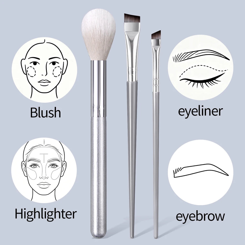 4-Pc Silver Makeup Brush Set | Highlighter, Eyebrow & Puff Makeup Brush Set QXL