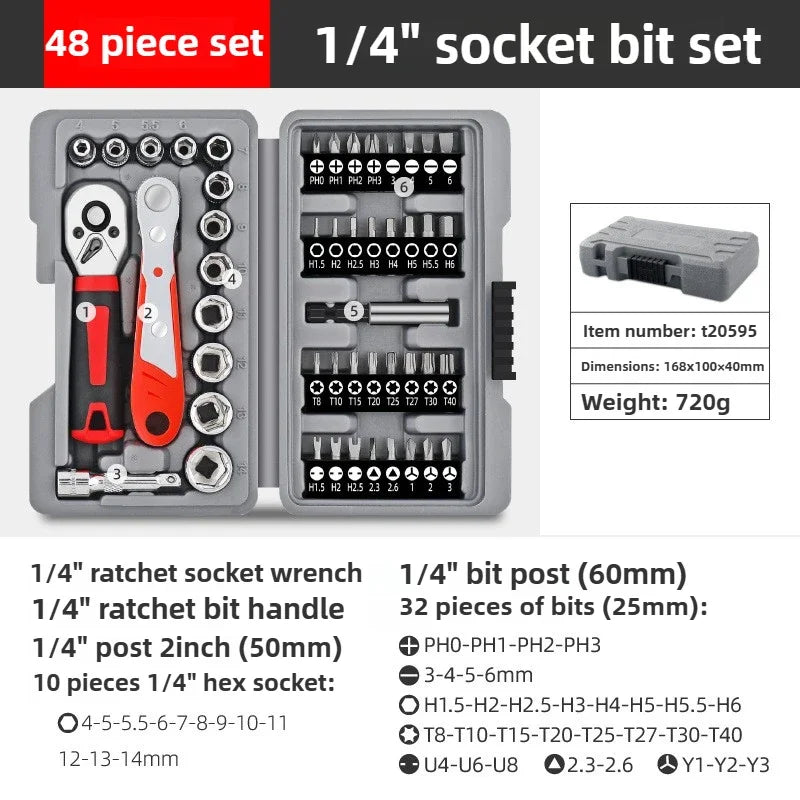 48-Piece 1/4" Socket Wrench Ratchet Set | Auto Repair Tools Socket Wrench Set QXL