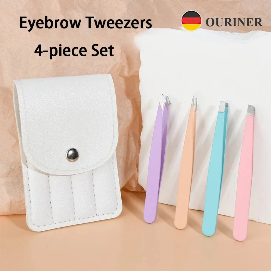 4-Pc Colorful Stainless Steel Eyebrow Tweezer Set + Storage Bag Eyebrow Tweezer Set QXL