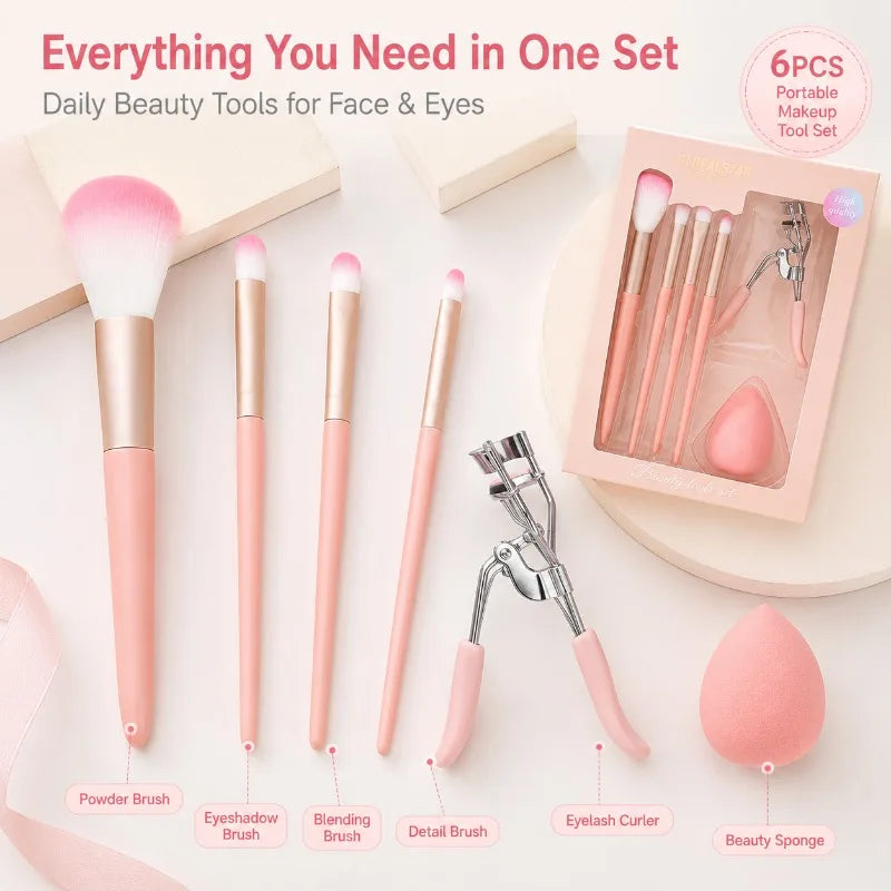 6-Piece Makeup Brush Set with Sponge & Eyelash Curler Makeup Brush Set QXL