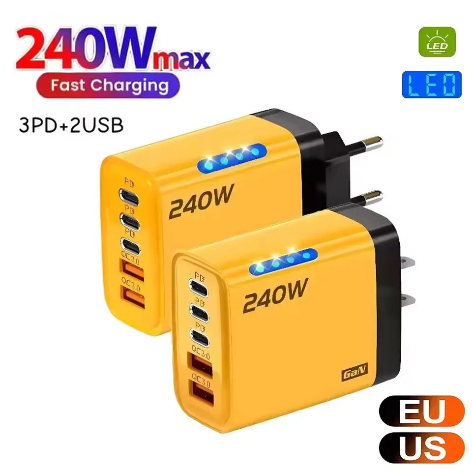 240W GaN 5-Port USB-C Fast Wall Charger | US/EU/UK Plug GaN Wall Charger QXL