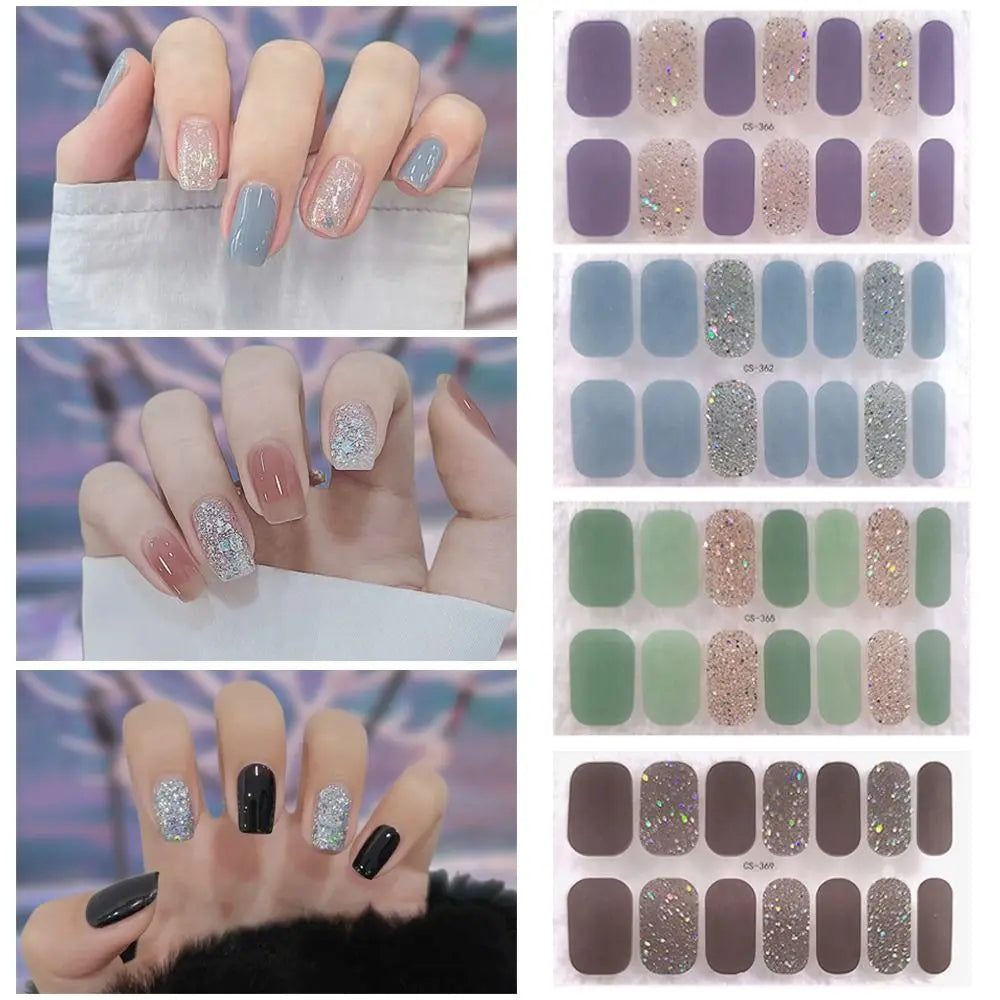 Foil Gel Nail Wraps – Glitter French Manicure Stickers 14 Tips Gel Nail Wraps QXL