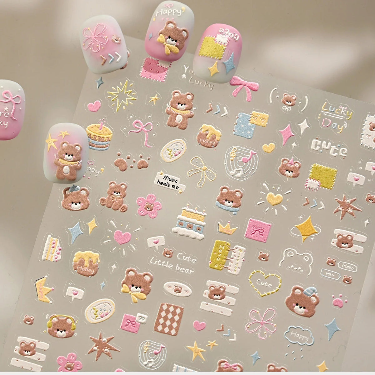 5D Embossed Nail Stickers – Bear, Cake & Heart Decals DIY Nail Art Stickers QXL