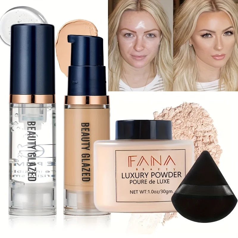 4-Piece Travel Makeup Set | Foundation, Primer, Powder & Sponge Makeup Combo Set QXL